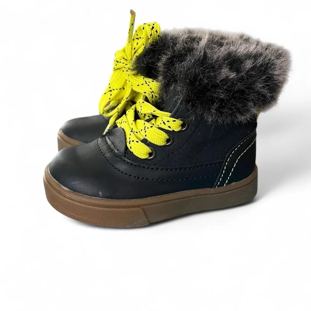 Cat &jack navy blue Kevin winter ankle boots Bright Yellow Laces and Faux Fur
